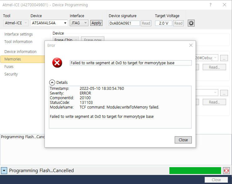 ATSAM4LS4A ERROR:Failed to write segment at 0x0 to target for ...